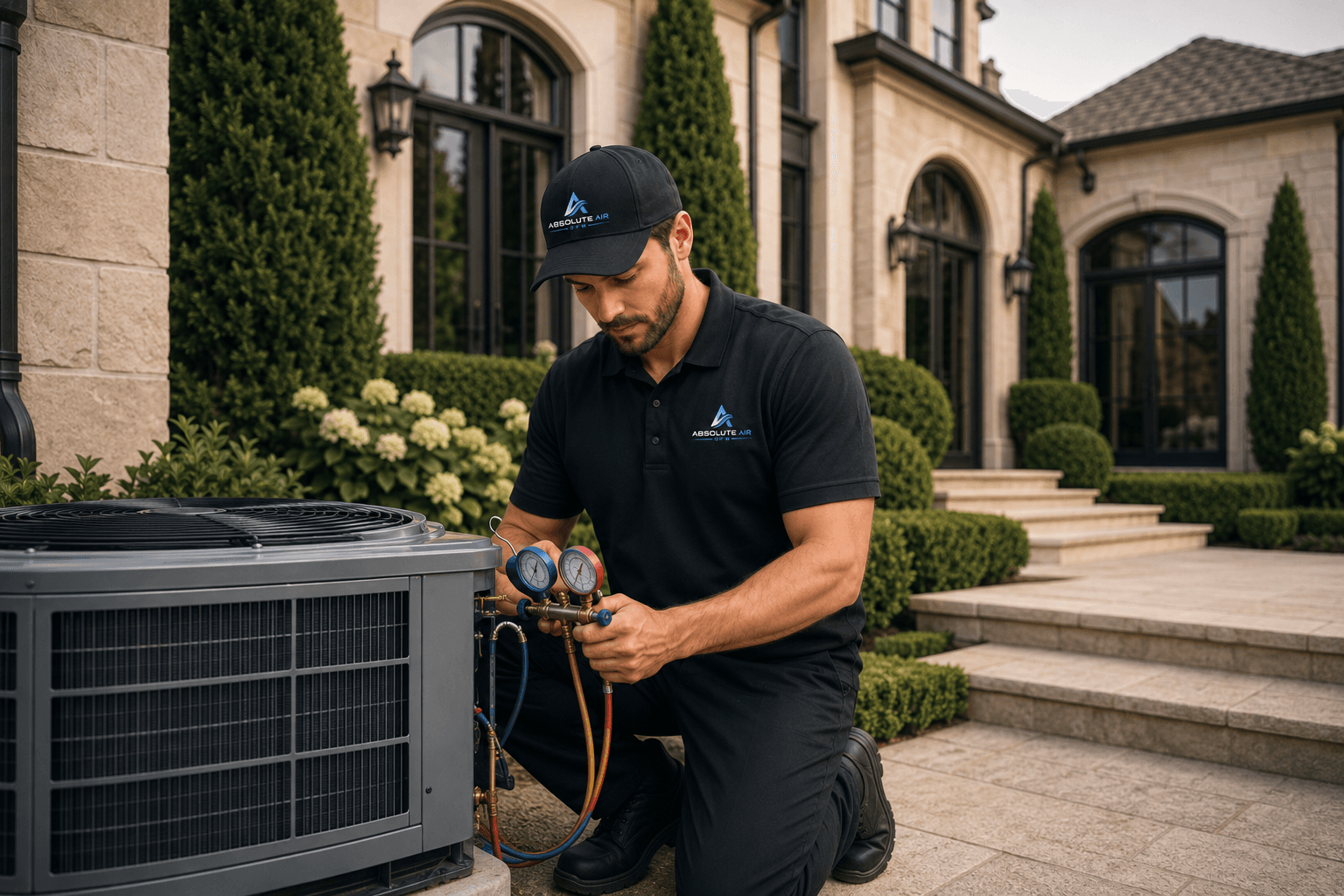 HVAC technician checking an outdoor condenser with diagnostic gauges