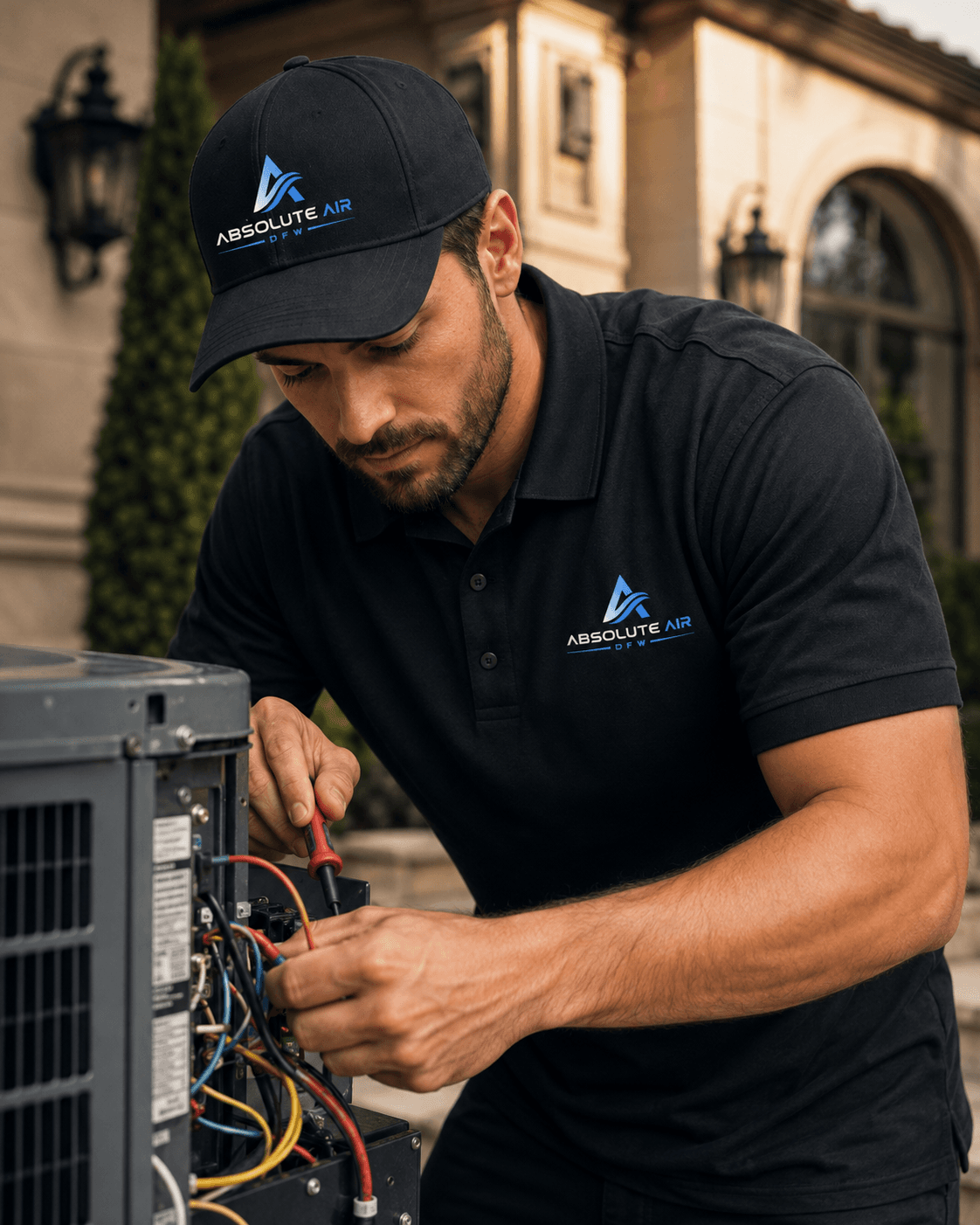Close view of an HVAC technician testing condenser wiring
