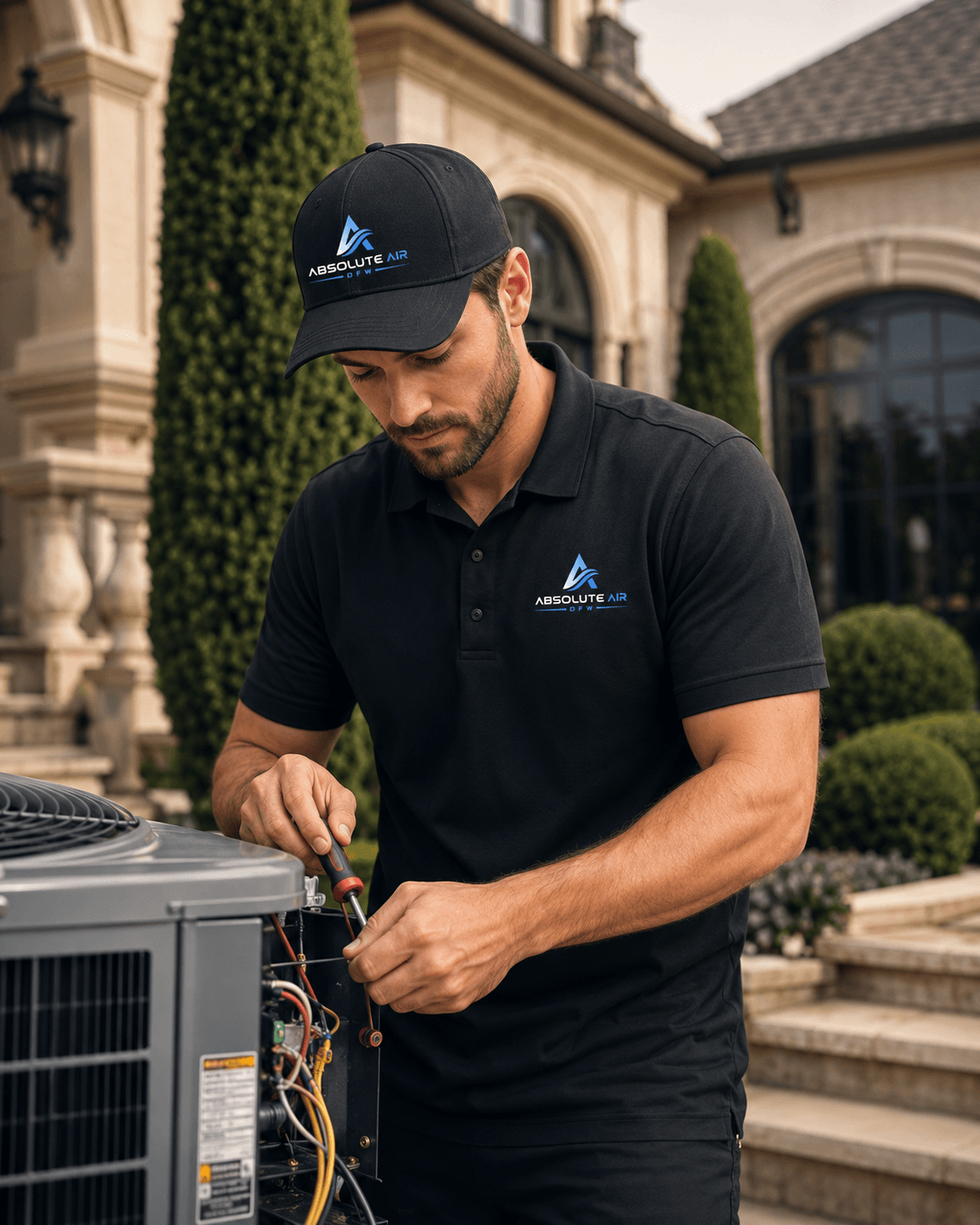 HVAC technician performing system care on an outdoor condenser